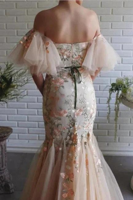Designer Long Mermaid Off-the-shoulder Tulle Lace Prom Dress with Flowers - Image 3