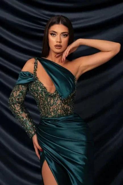Designer Long Mermaid One Shoulder Long Sleeve Lace Prom Dress with Slit - Image 2