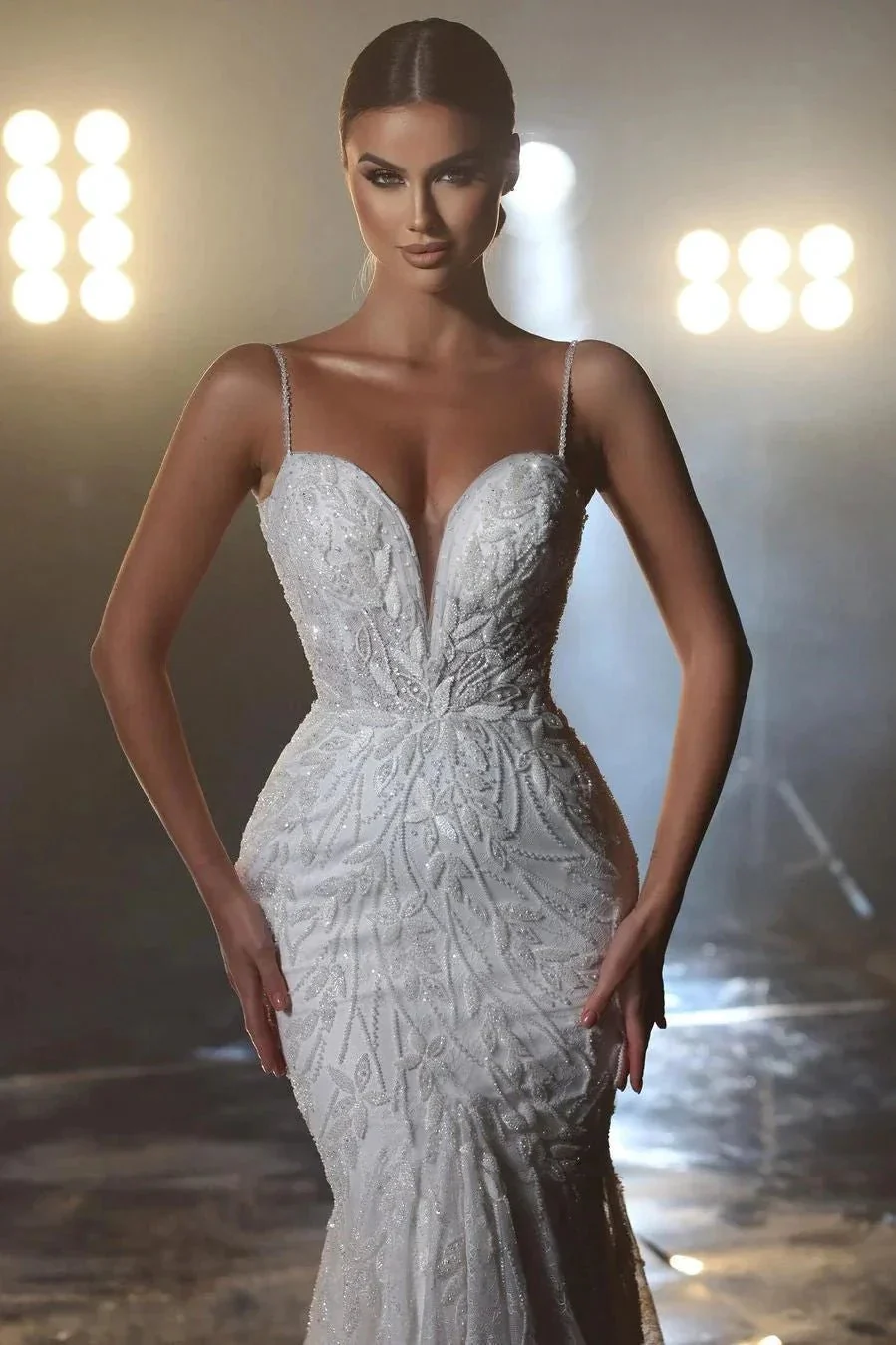 Designer Long Mermaid Spaghetti Straps V-neck Wedding Dress With Lace - Image 2