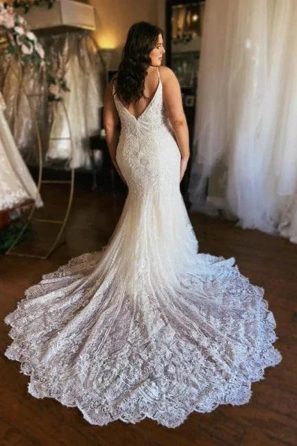 Designer Long Mermaid Spaghetti Straps Zippered Wedding Dresses Lace - Image 2