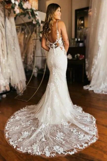 Designer Long Mermaid Spaghetti Straps V-neck Backless Wedding Dress - Image 2