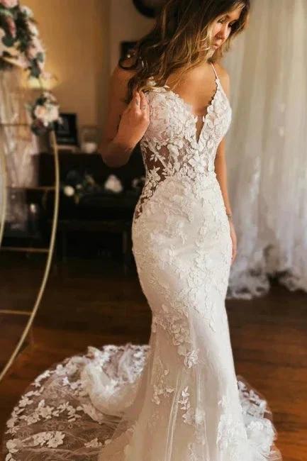 Designer Long Mermaid Spaghetti Straps V-neck Backless Wedding Dress - Image 3