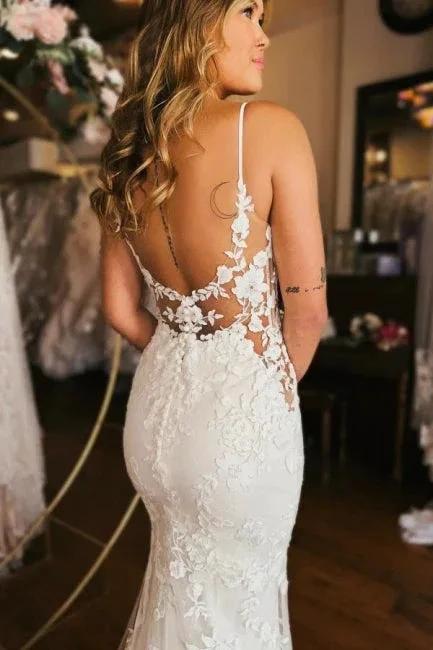 Designer Long Mermaid Spaghetti Straps V-neck Backless Wedding Dress - Image 4