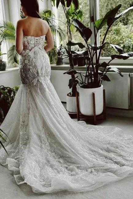 Designer Long Mermaid Strapless Lace Sequined Wedding Dress with Train - Image 2