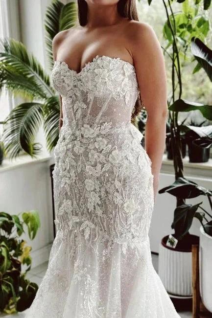 Designer Long Mermaid Strapless Lace Sequined Wedding Dress with Train - Image 3