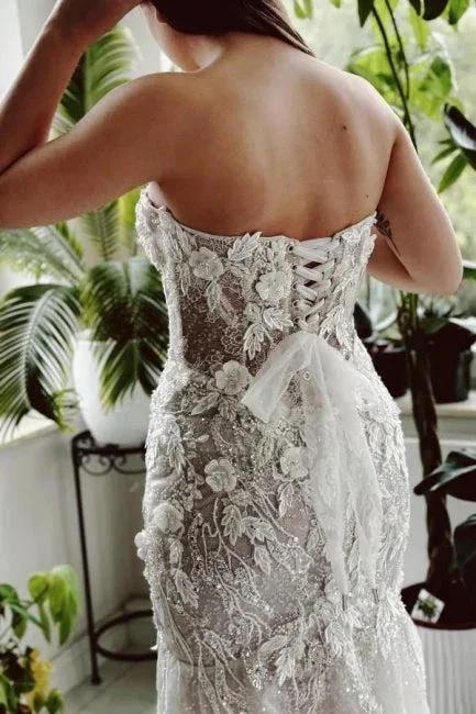Designer Long Mermaid Strapless Lace Sequined Wedding Dress with Train - Image 4
