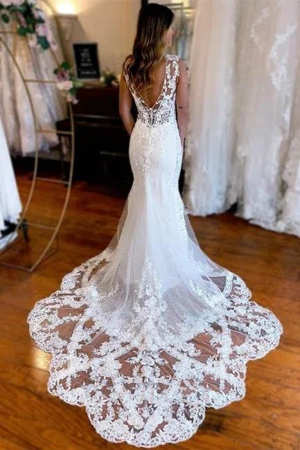 Designer Long Mermaid V-neck Backless Lace Sleeveless Wedding Dresses With Train - Image 2