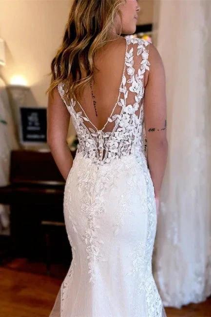 Designer Long Mermaid V-neck Backless Lace Sleeveless Wedding Dresses With Train - Image 3