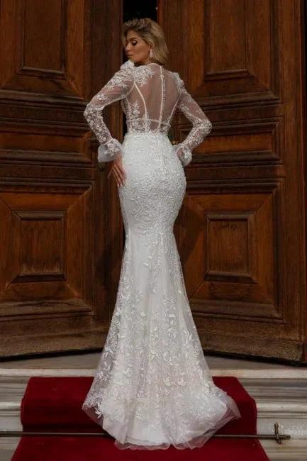 Designer Long Mermaid V-neck Lace Wedding Dresses With Long Sleeves - Image 2