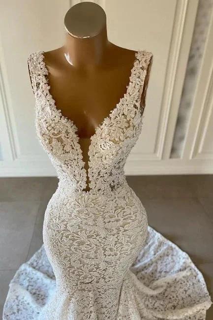 Designer Long Mermaid V-neck Sleeveless Wedding Dresses With Lace - Image 2
