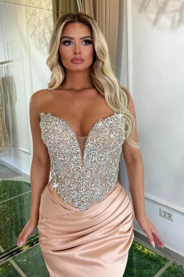 Designer Long Pink Mermaid V-neck Strapless Lace Satin Prom Dress with Rhinestones - Image 3