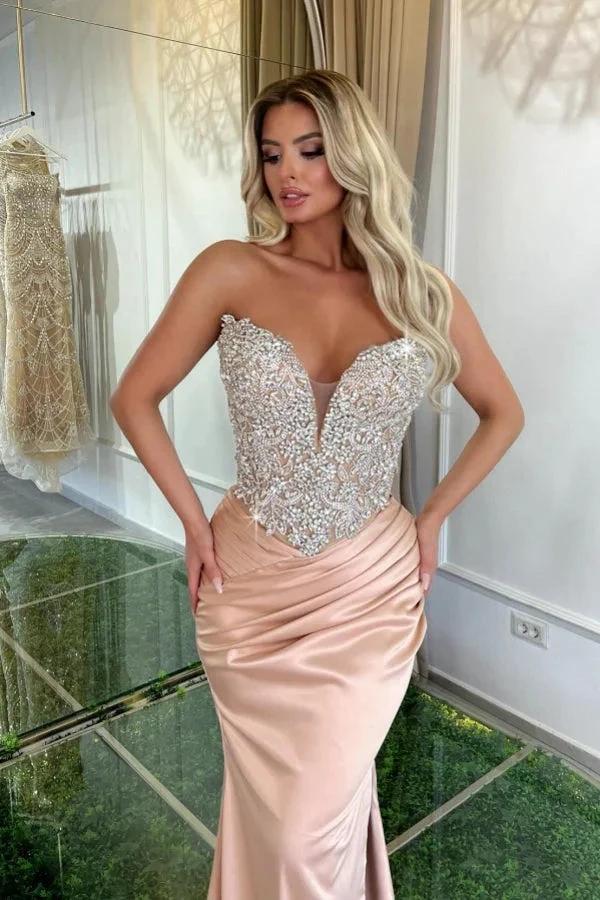 Designer Long Pink Mermaid V-neck Strapless Lace Satin Prom Dress with Rhinestones - Image 4