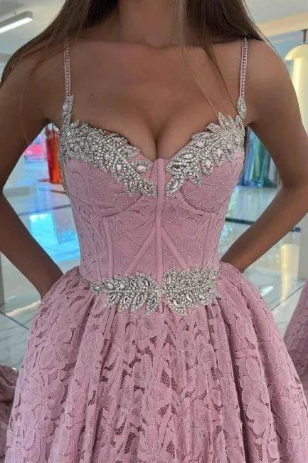 Designer Long Pink Spaghetti Straps Evening Dresses With Lace - Image 2