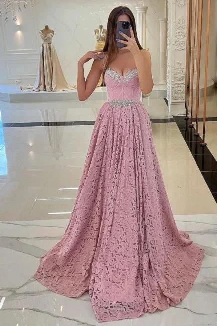 Designer Long Pink Spaghetti Straps Evening Dresses With Lace - Image 3