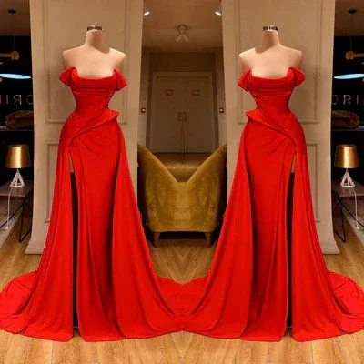 Designer Long Red A-line Sleeveless Satin Sexy Prom Dress With Slit - Image 2
