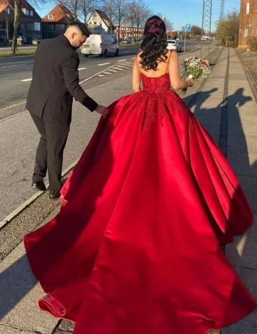 Designer Long Red A-line Spaghetti Straps Lace Princess Wedding Dress - Image 2