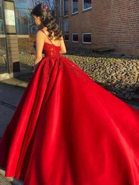 Designer Long Red A-line Spaghetti Straps Lace Princess Wedding Dress - Image 3