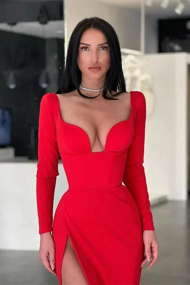 Designer Long Sexy Red Long Sleeves Prom Dress With Slit - Image 2
