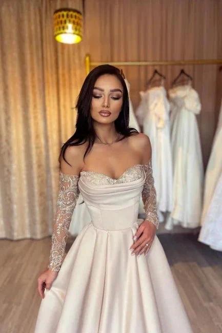 Designer Long Simple A-line Sweetheart Sequined Satin Prom Dresses With Sleeves - Image 2