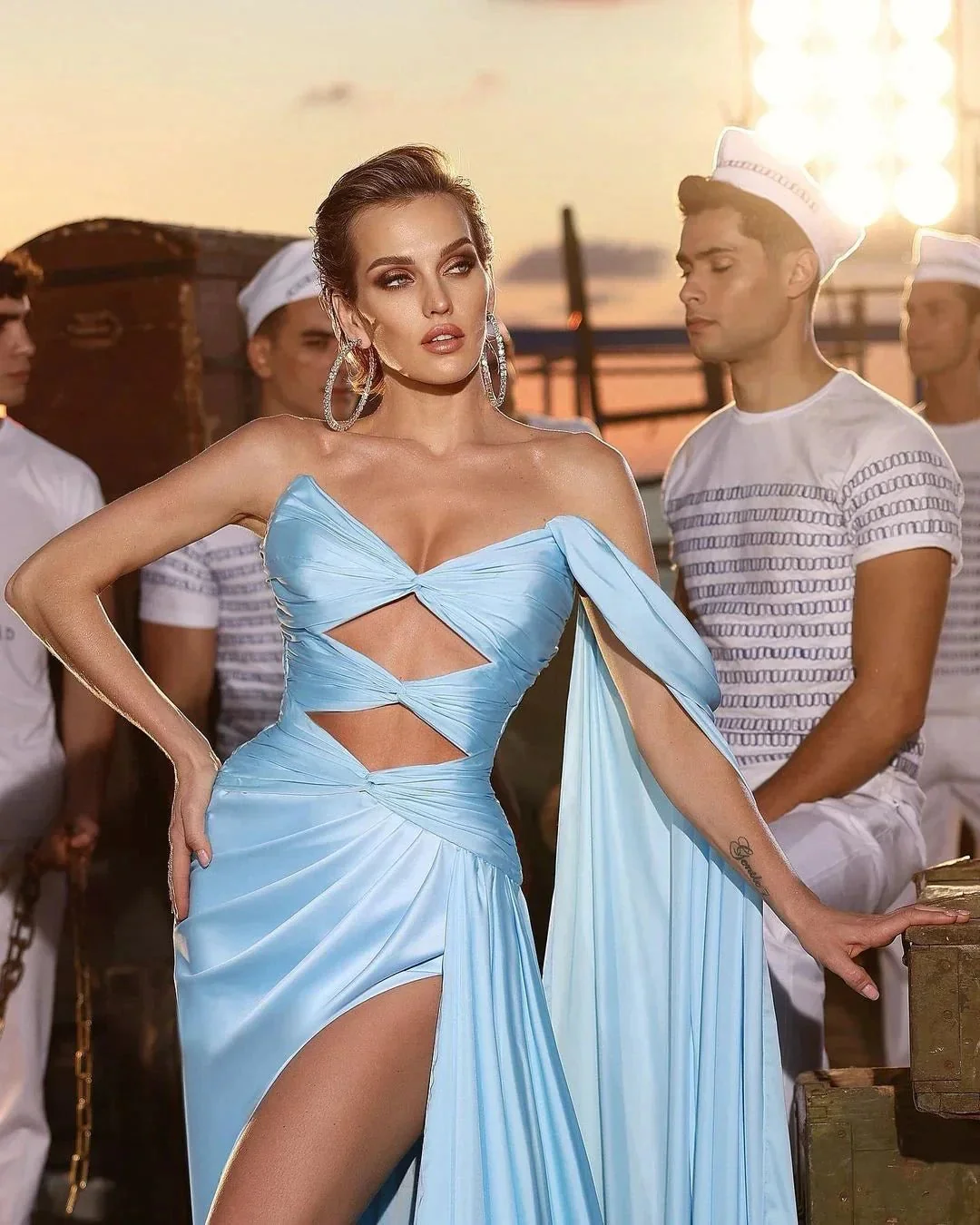 Designer Long Sky Blue A-line Sleeveless Prom Dress With Slit - Image 2
