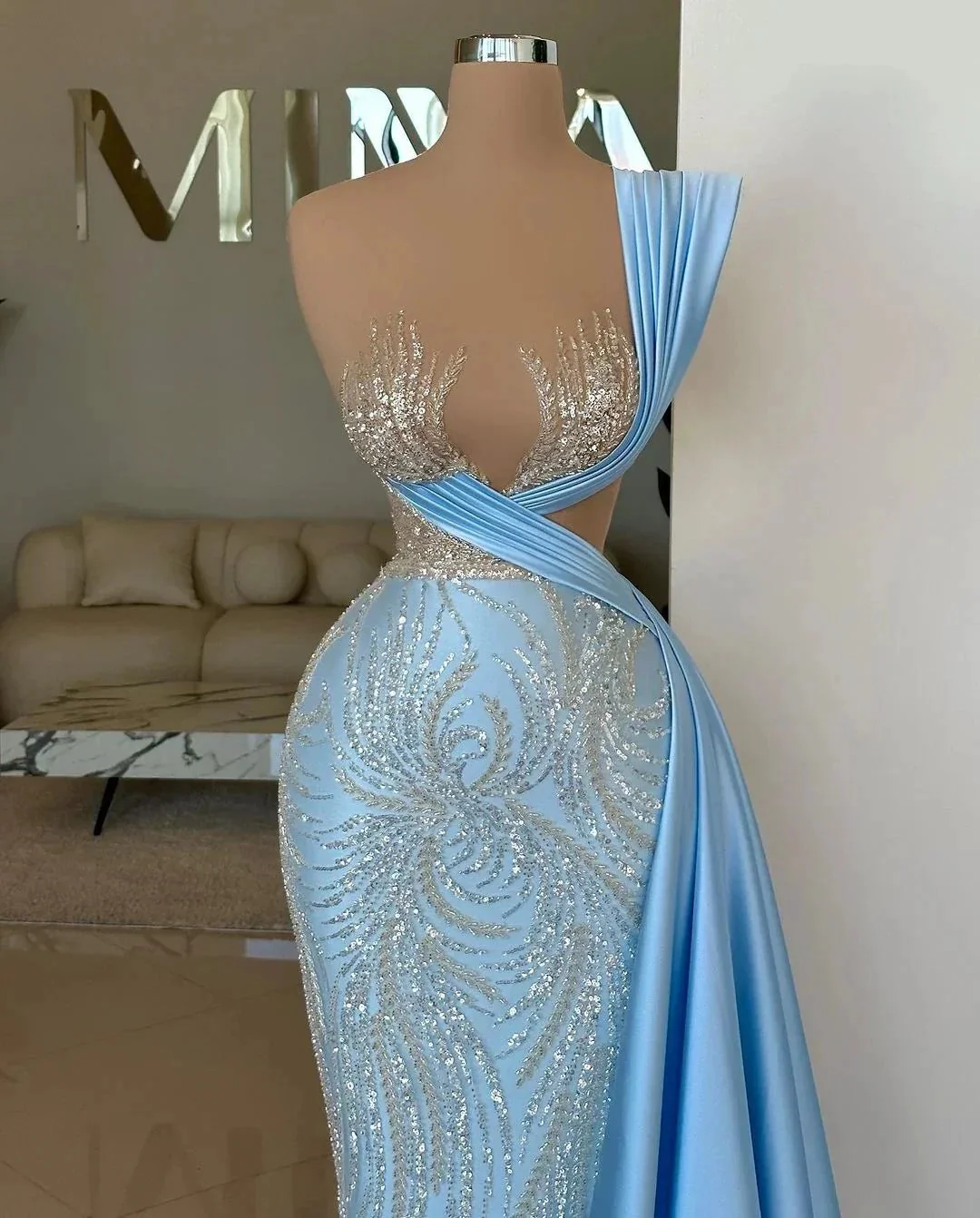 Designer Long Sky Blue One Shoulder Sequined Prom Dress With Lace - Image 2