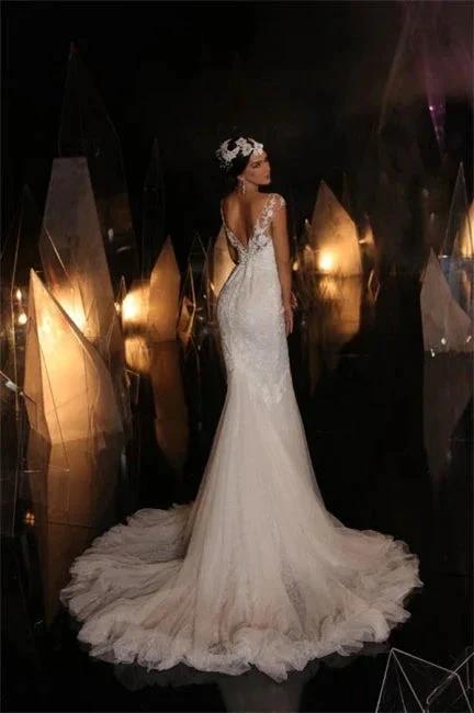 Designer Long V-neck Mermaid Lace Appliques Sleeveless Wedding Dresses - Image 2