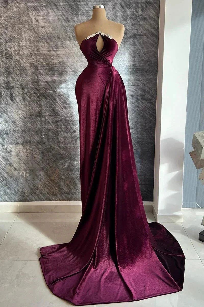 Designer Long Velvet Sequined Long Sleeves Prom Dress With Train - Image 2