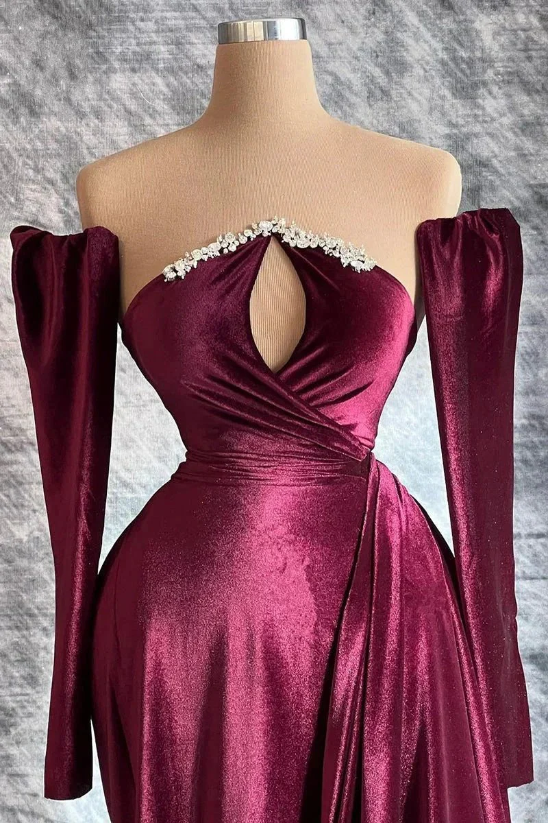 Designer Long Velvet Sequined Long Sleeves Prom Dress With Train - Image 3