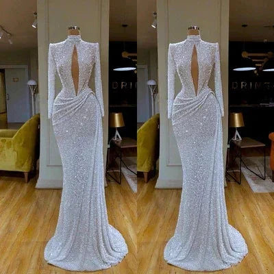 Designer Long White High Neck Long Sleeves Mermaid Sequined Prom Dress - Image 2