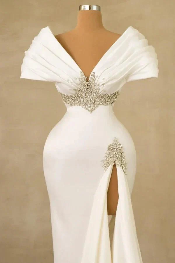 Designer Long White Mermaid Off-the-shoulder Jewels Wedding Dress with Slit - Image 2