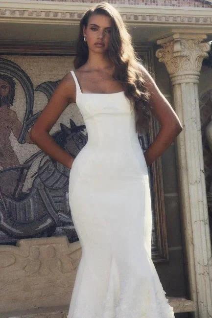 Designer Long White Mermaid Spaghetti Straps Satin Wedding Dress - Image 2