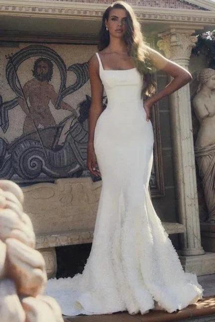 Designer Long White Mermaid Spaghetti Straps Satin Wedding Dress - Image 3