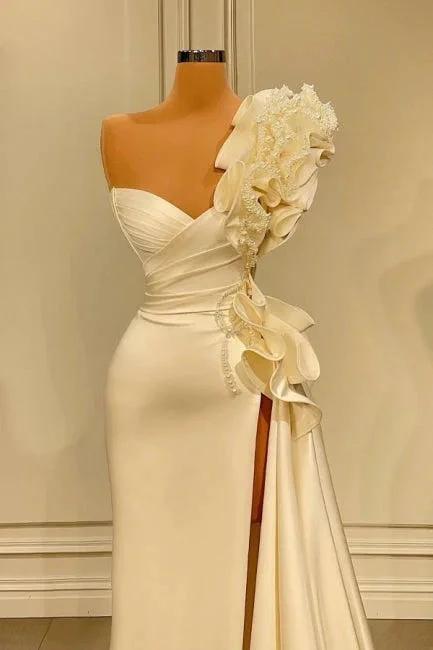 Designer Long White One Shoulder Ruffles Split Wedding Dress With Glitter - Image 2