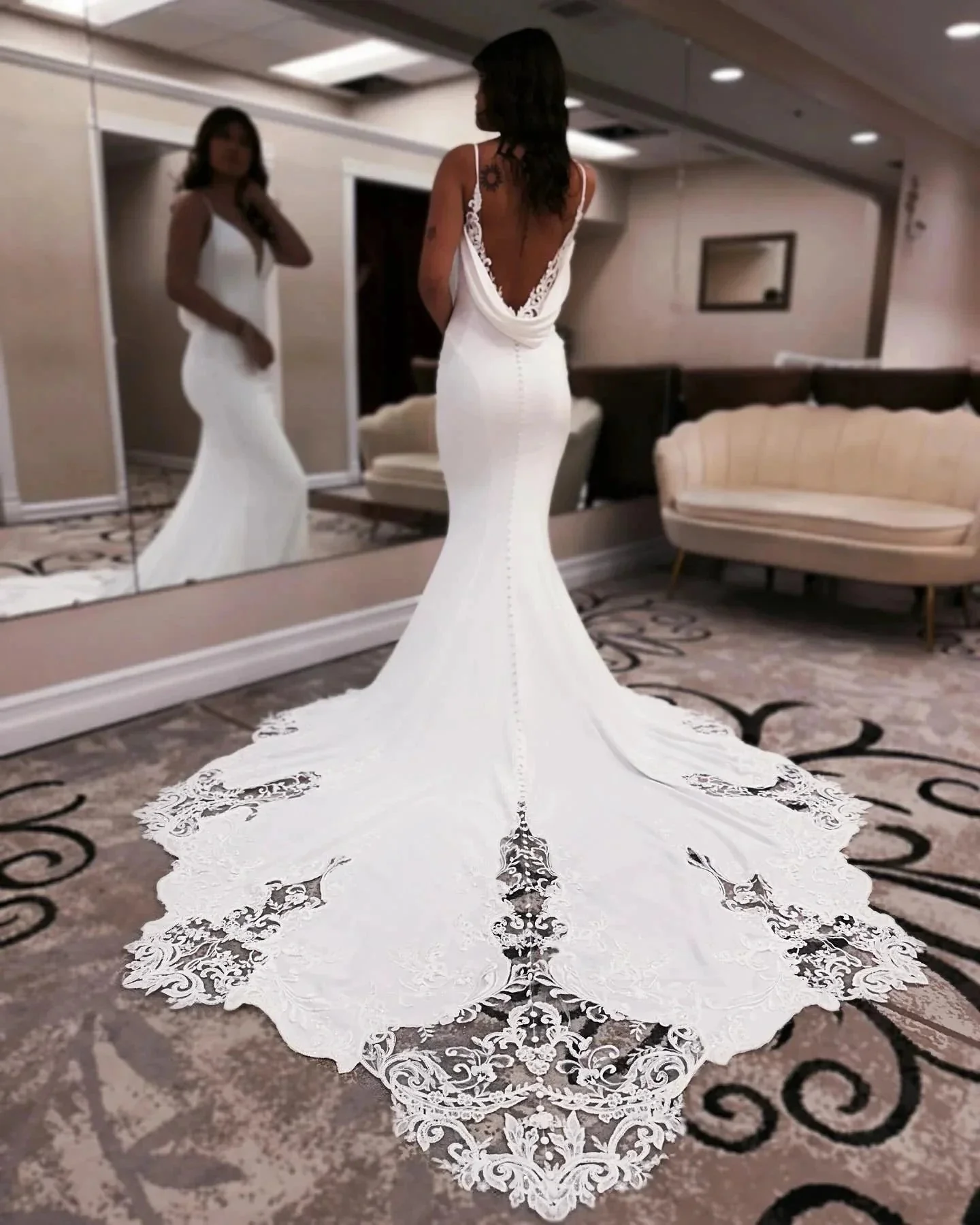 Designer Mermaid Spaghetti Straps Sleeveless Appliques Satin Lace Openback Train Wedding Dresses - Image 2