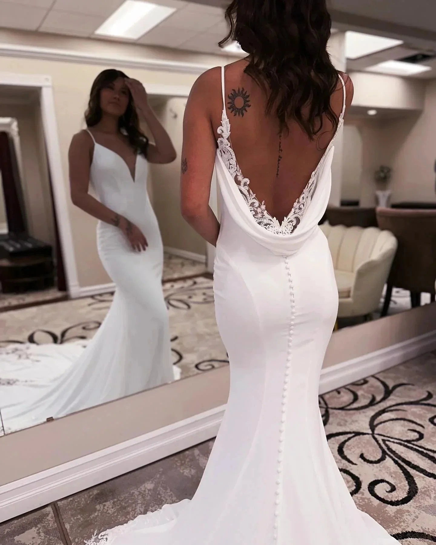 Designer Mermaid Spaghetti Straps Sleeveless Appliques Satin Lace Openback Train Wedding Dresses - Image 3