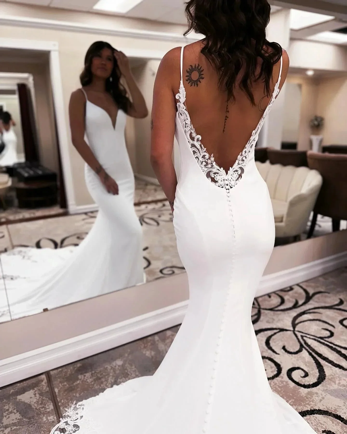 Designer Mermaid Spaghetti Straps Sleeveless Appliques Satin Lace Openback Train Wedding Dresses - Image 4