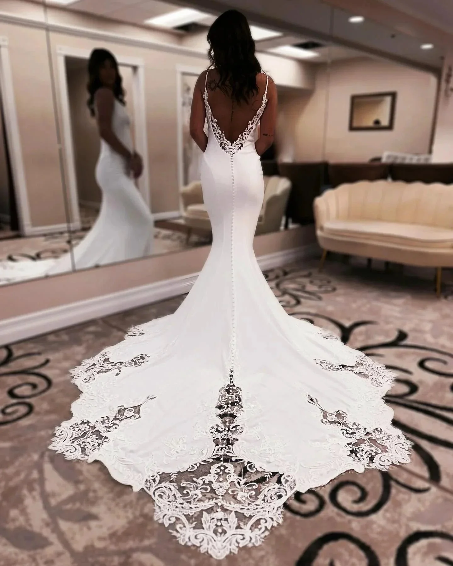 Designer Mermaid Spaghetti Straps Sleeveless Appliques Satin Lace Openback Train Wedding Dresses - Image 5