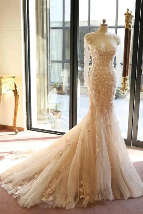 Designer Open Back Sheer Flowers Long Sleeve Mermaid Wedding Dress WD101 - Image 2
