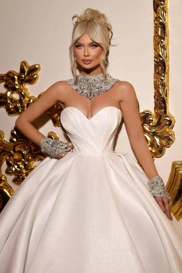 Designer Princess Long A-line Satin Glitter Sleeveless Wedding Dresses - Image 2