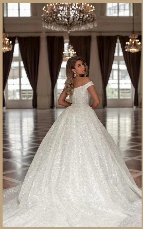 Designer Princess Long White Off-the-shoulder Glitter A-line Wedding Dresses - Image 2