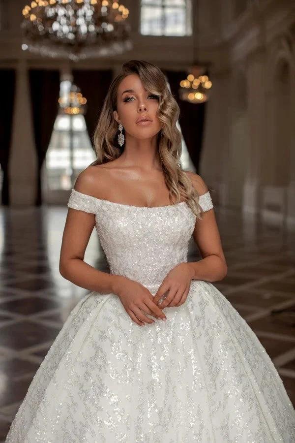 Designer Princess Long White Off-the-shoulder Glitter A-line Wedding Dresses - Image 3