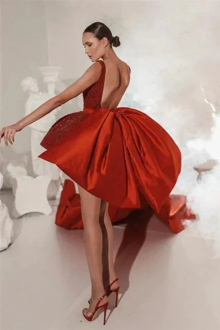 Designer Red Lace Straps Cocktail Dresses Short Glitter Sleeveless Prom Dresses - Image 2