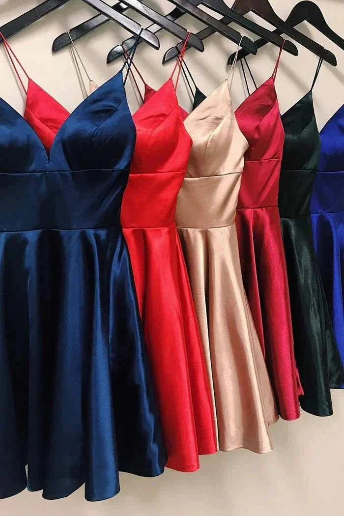 Designer Short A-line Spaghetti Straps Sleeveless Ruffles Satin Openback Homecoming Dresses - Image 2