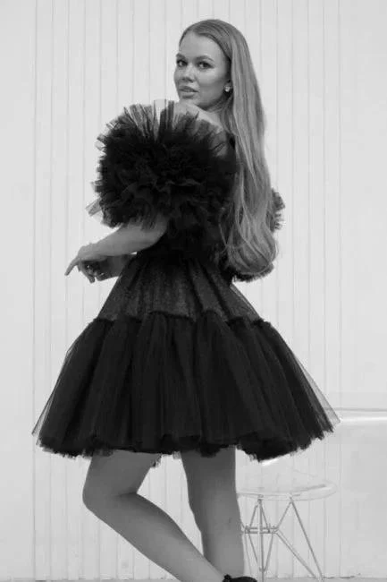 Designer Short Black Off-the-shoulder Tulle Glitter Homecoming Dresses - Image 3