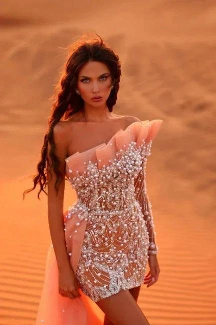 Designer Short Coral One Shoulder Long Sleeve Lace Prom Dress with Pearls - Image 2
