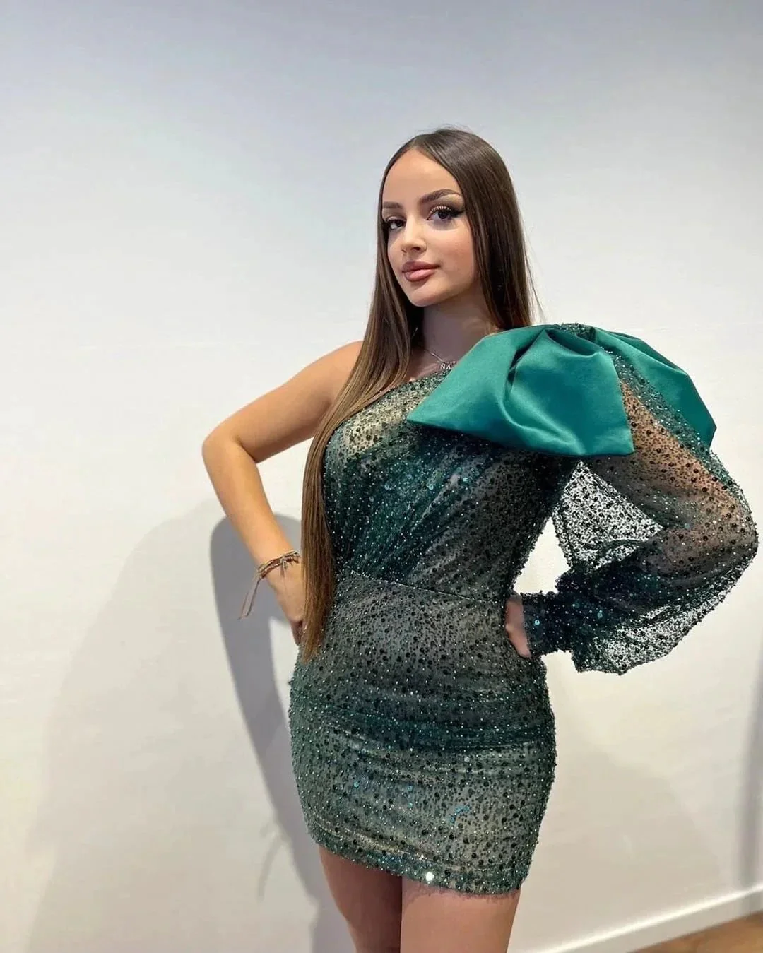 Designer Short One Shoulder Sequined Long Sleeve Tight Prom Dress - Image 2