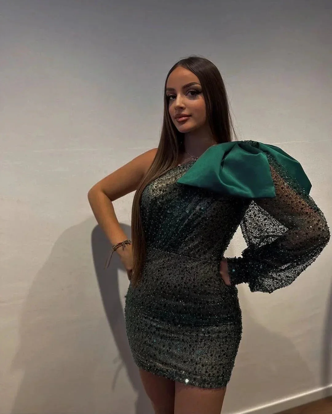 Designer Short One Shoulder Sequined Long Sleeve Tight Prom Dress - Image 4