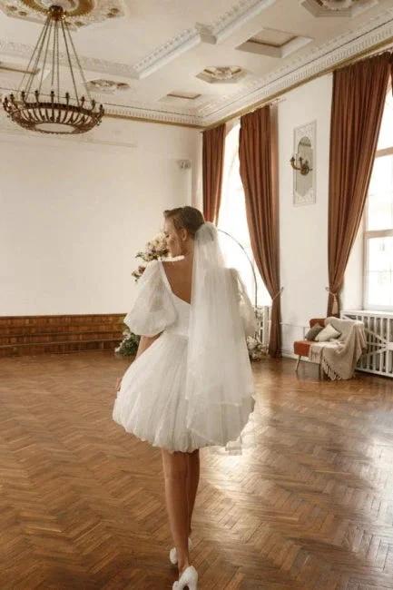 Designer Short White Off-the-shoulder Tulle Glitter Wedding Dress with Sleeves - Image 2