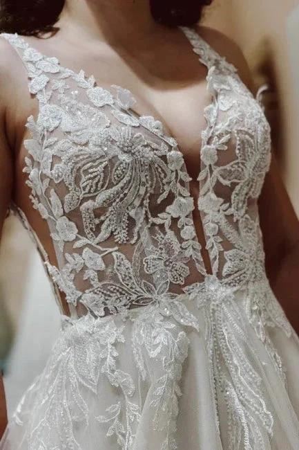 Designer Simple A-line V-neck Wedding Dresses With Lace - Image 2