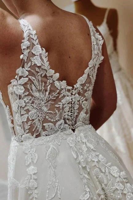 Designer Simple A-line V-neck Wedding Dresses With Lace - Image 3